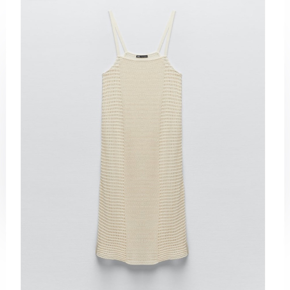 Zara Mesh Tank Dress knit crochet sexy Ecru NWT